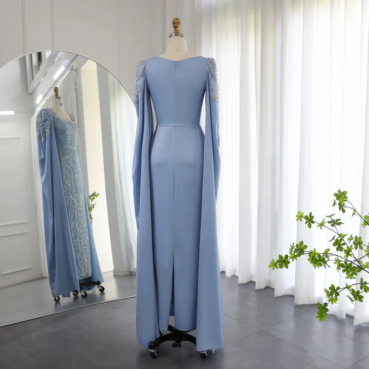 Luxury Dubai Blue Mermaid Muslim Evening Dresses with Cape Sleeves Arabic Women Wedding Engagement Party Gowns SS365