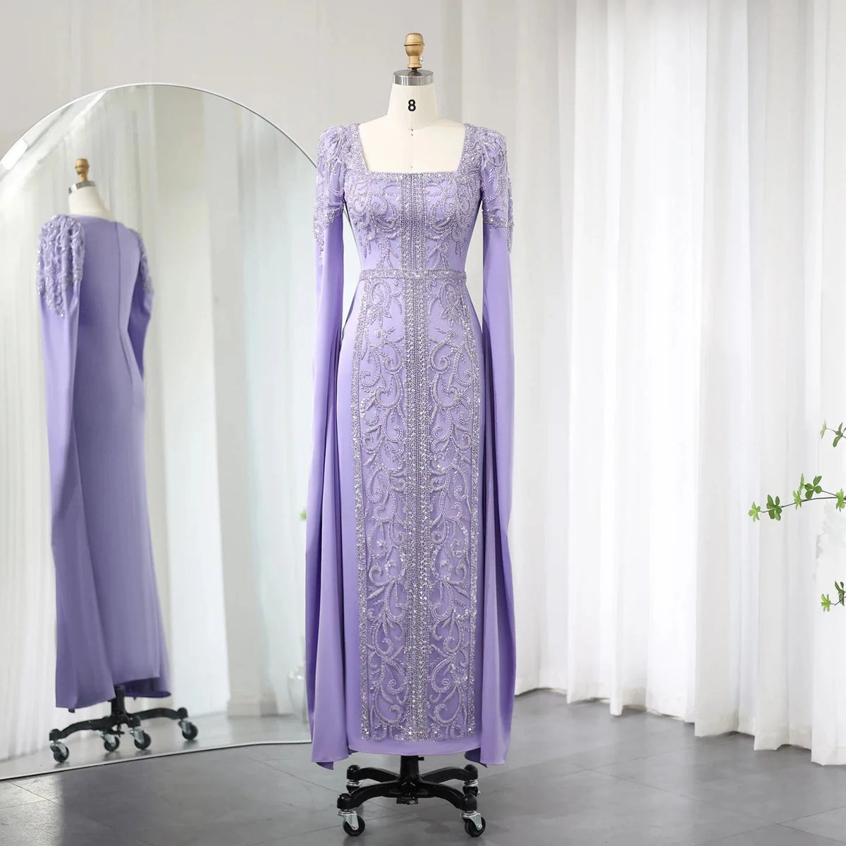 Luxury Dubai Blue Mermaid Muslim Evening Dresses with Cape Sleeves Arabic Women Wedding Engagement Party Gowns SS365