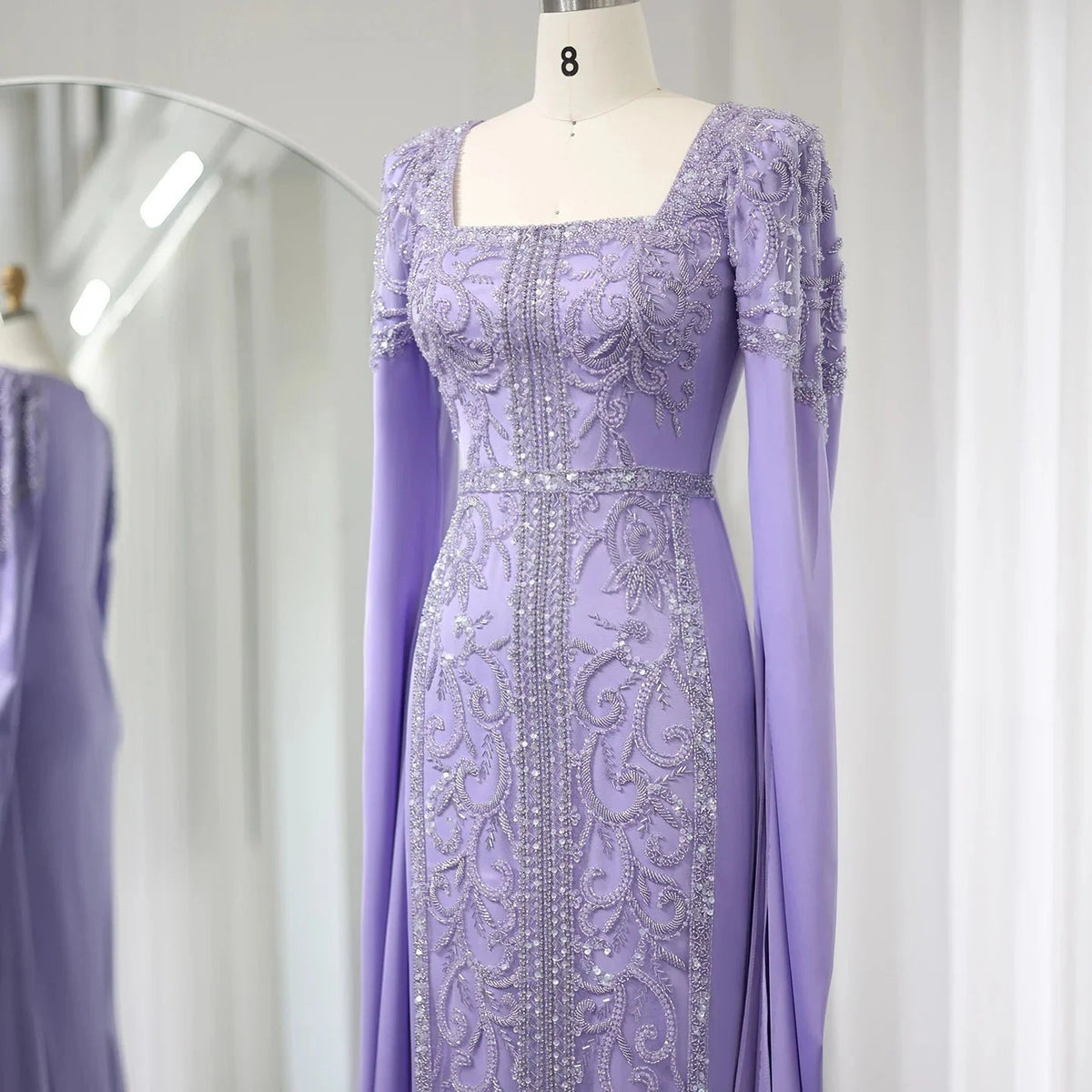 Luxury Dubai Blue Mermaid Muslim Evening Dresses with Cape Sleeves Arabic Women Wedding Engagement Party Gowns SS365