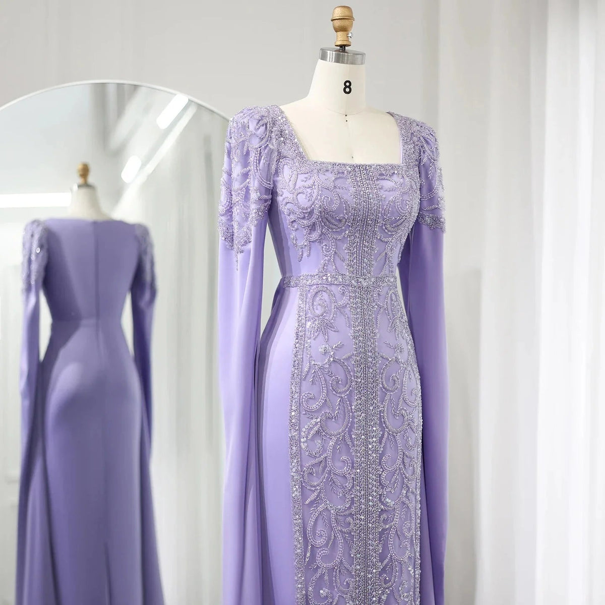 Luxury Dubai Blue Mermaid Muslim Evening Dresses with Cape Sleeves Arabic Women Wedding Engagement Party Gowns SS365