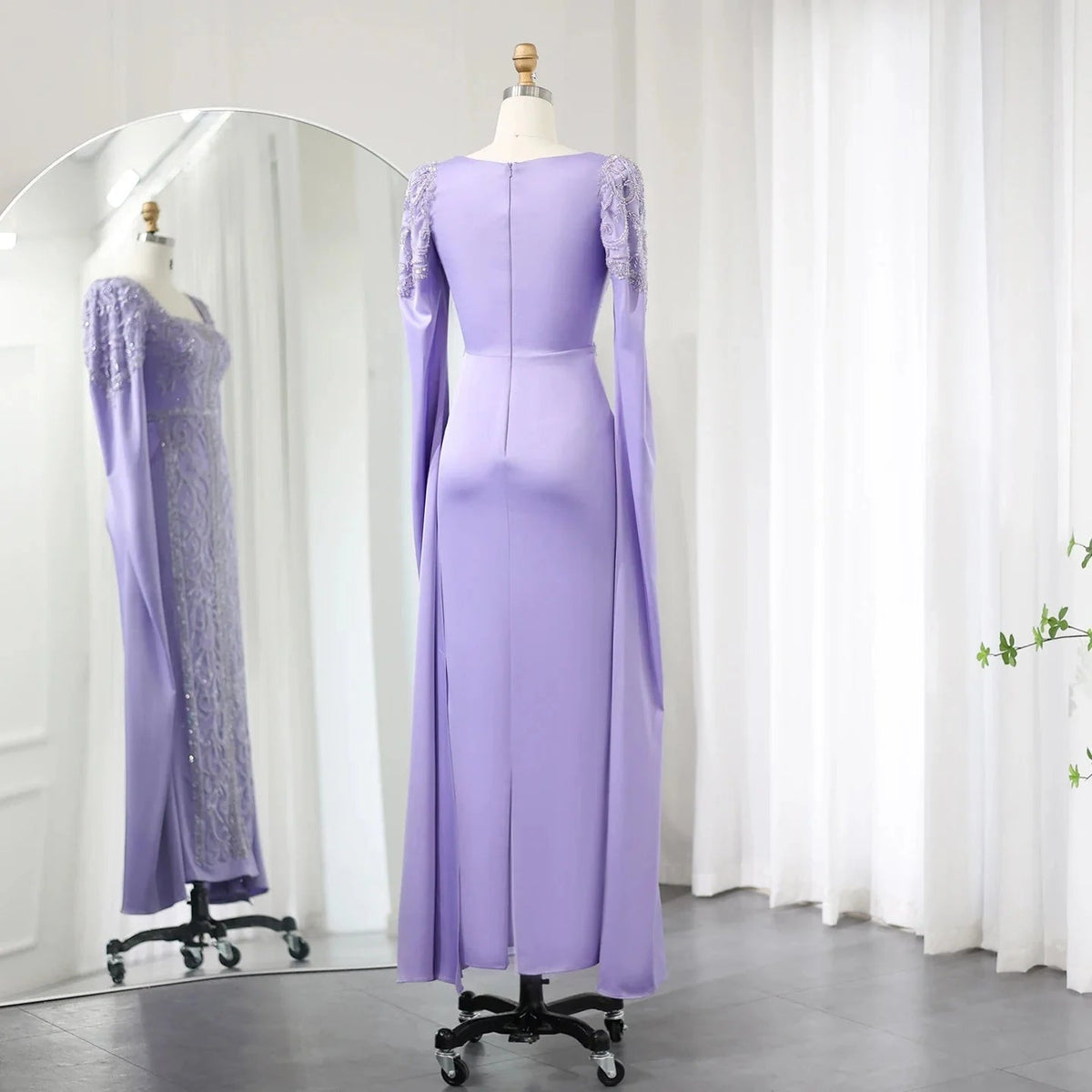 Luxury Dubai Blue Mermaid Muslim Evening Dresses with Cape Sleeves Arabic Women Wedding Engagement Party Gowns SS365