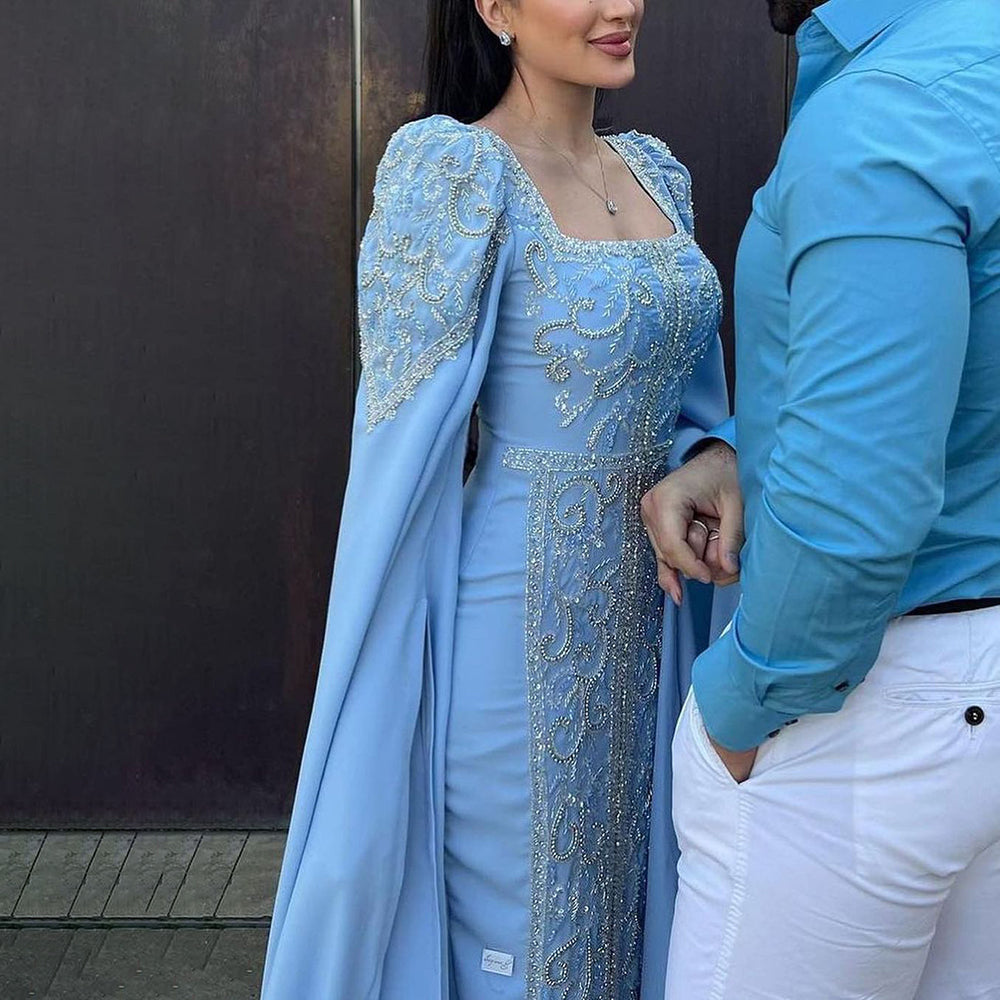 Luxury Dubai Blue Mermaid Muslim Evening Dresses with Cape Sleeves Arabic Women Wedding Engagement Party Gowns SS365