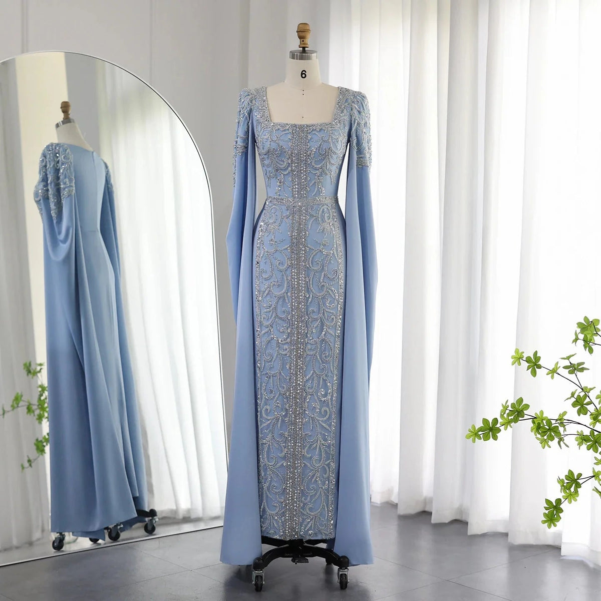 Luxury Dubai Blue Mermaid Muslim Evening Dresses with Cape Sleeves Arabic Women Wedding Engagement Party Gowns SS365