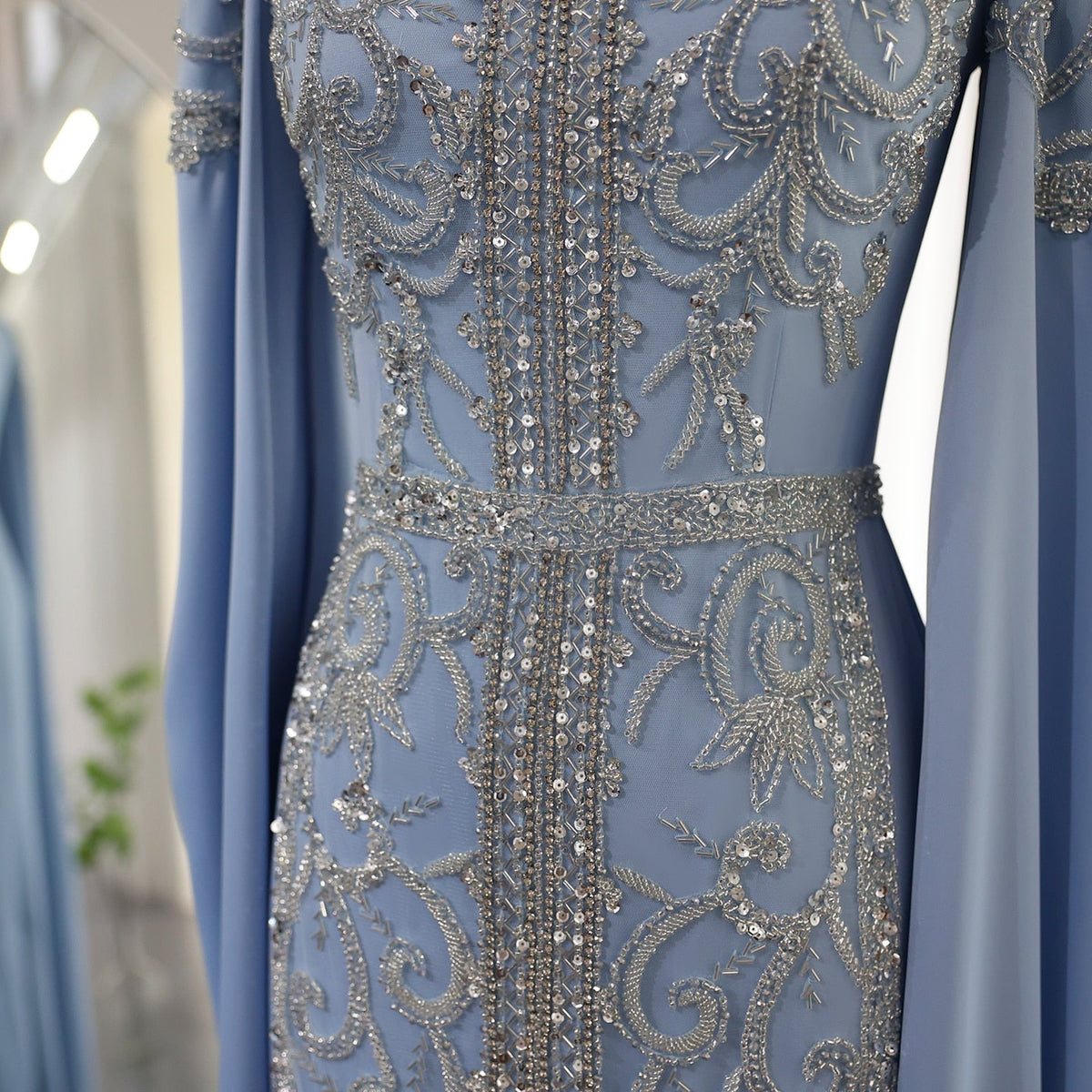 Luxury Dubai Blue Mermaid Muslim Evening Dresses with Cape Sleeves Arabic Women Wedding Engagement Party Gowns SS365