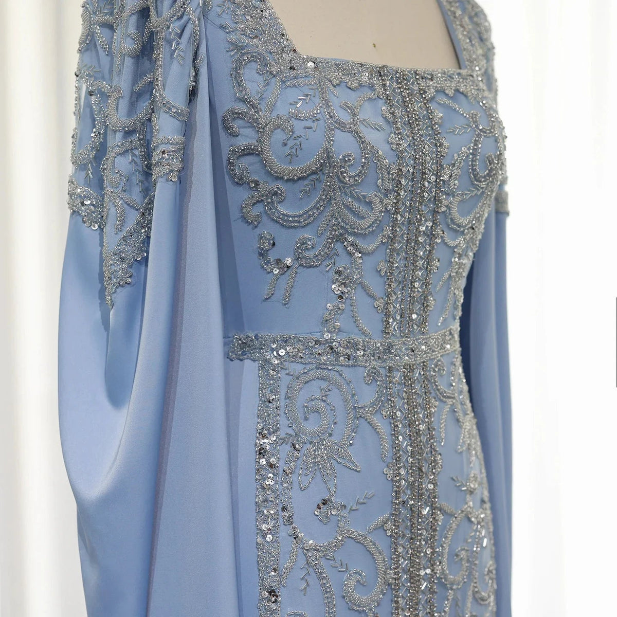 Luxury Dubai Blue Mermaid Muslim Evening Dresses with Cape Sleeves Arabic Women Wedding Engagement Party Gowns SS365