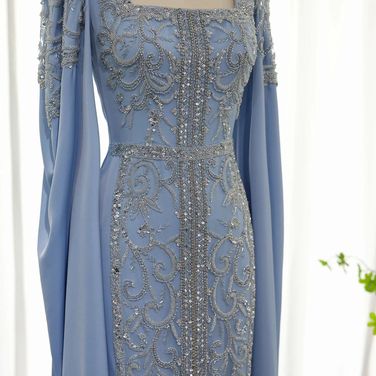 Luxury Dubai Blue Mermaid Muslim Evening Dresses with Cape Sleeves Arabic Women Wedding Engagement Party Gowns SS365