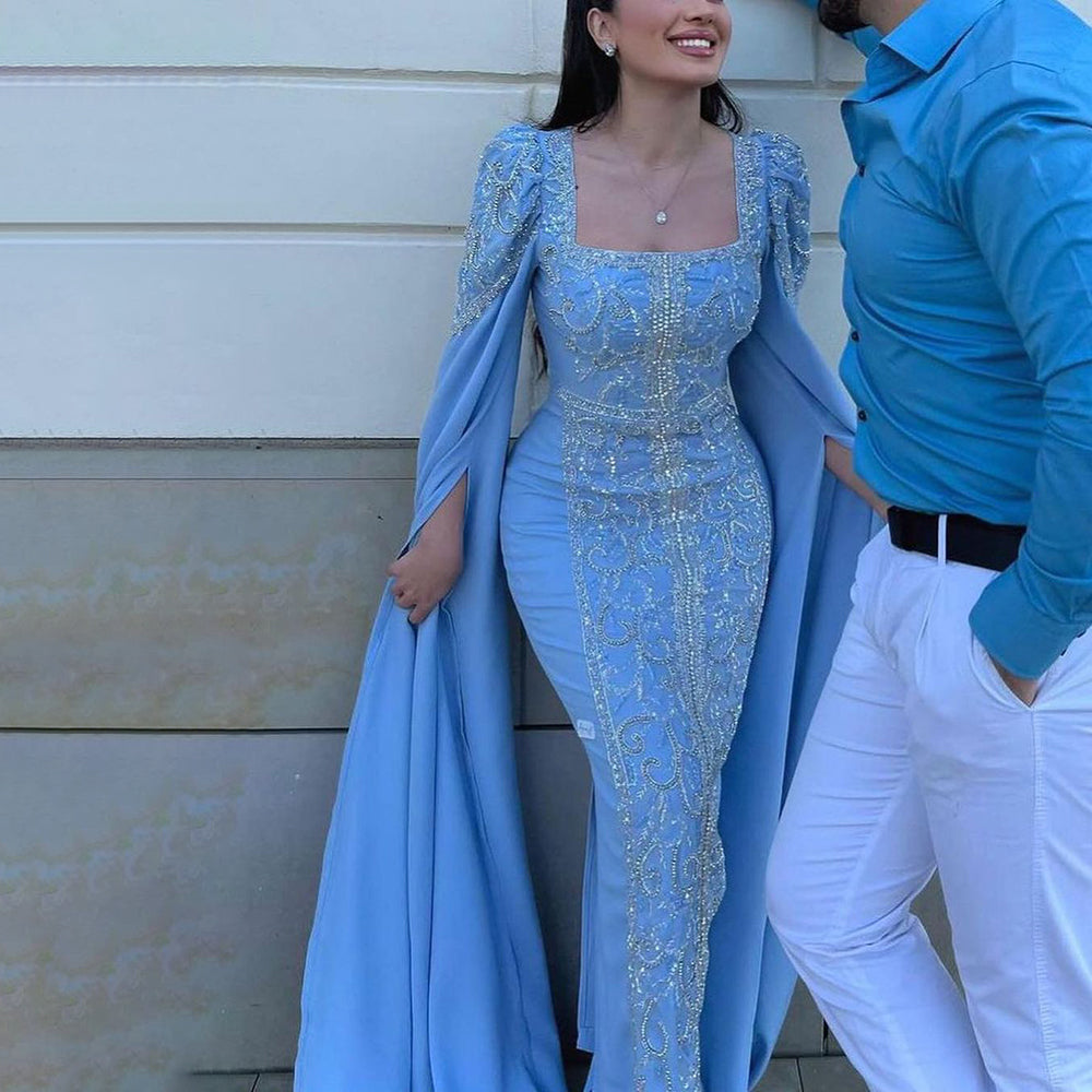 Luxury Dubai Blue Mermaid Muslim Evening Dresses with Cape Sleeves Arabic Women Wedding Engagement Party Gowns SS365
