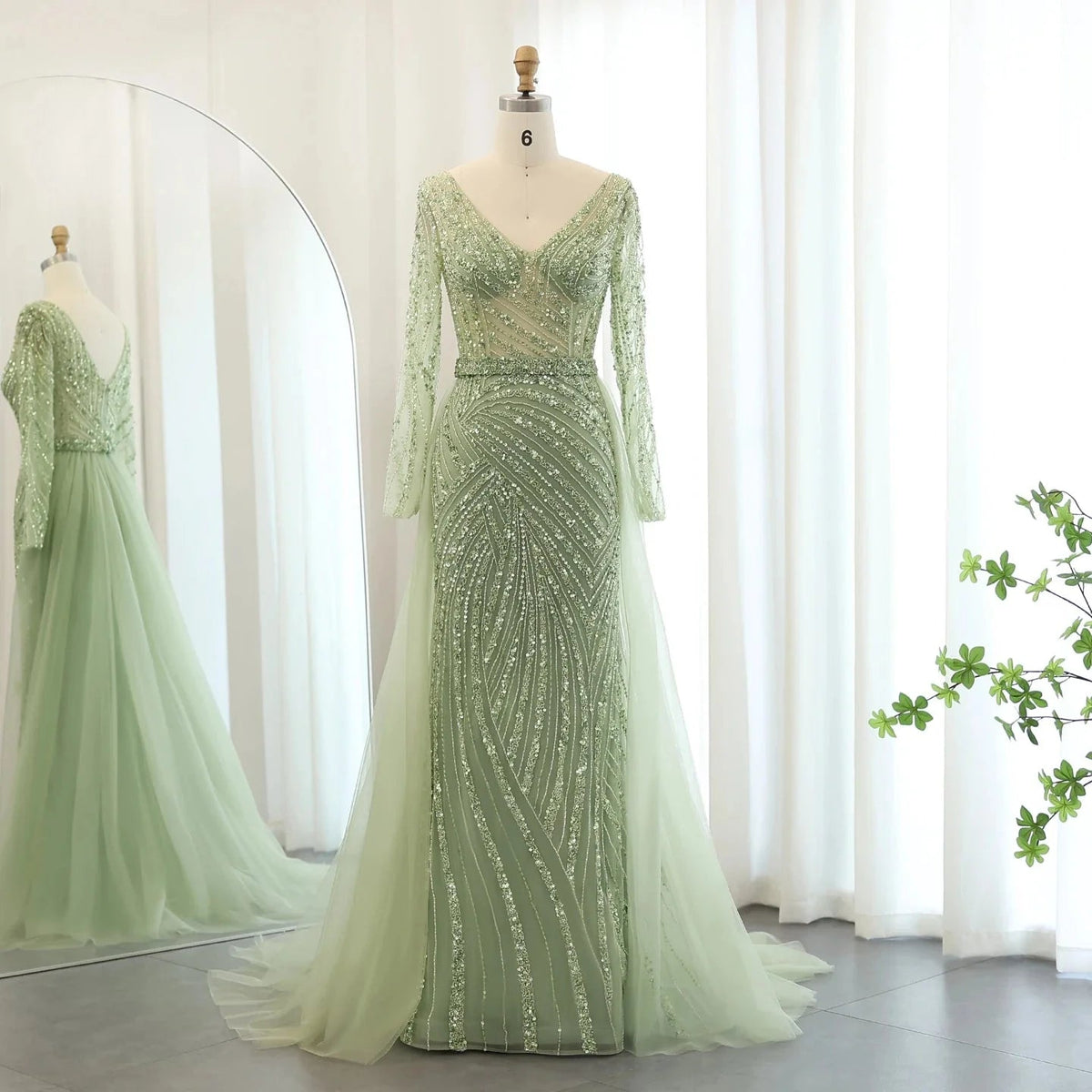 Luxury Dubai Blue Mermaid Muslim Evening Dresses with Detachable Skirt Sage Green Lilac Women Wedding Party SS432
