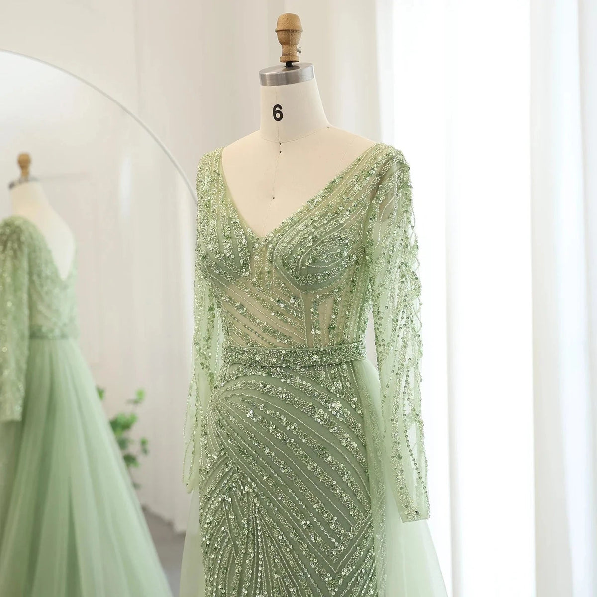 Luxury Dubai Blue Mermaid Muslim Evening Dresses with Detachable Skirt Sage Green Lilac Women Wedding Party SS432