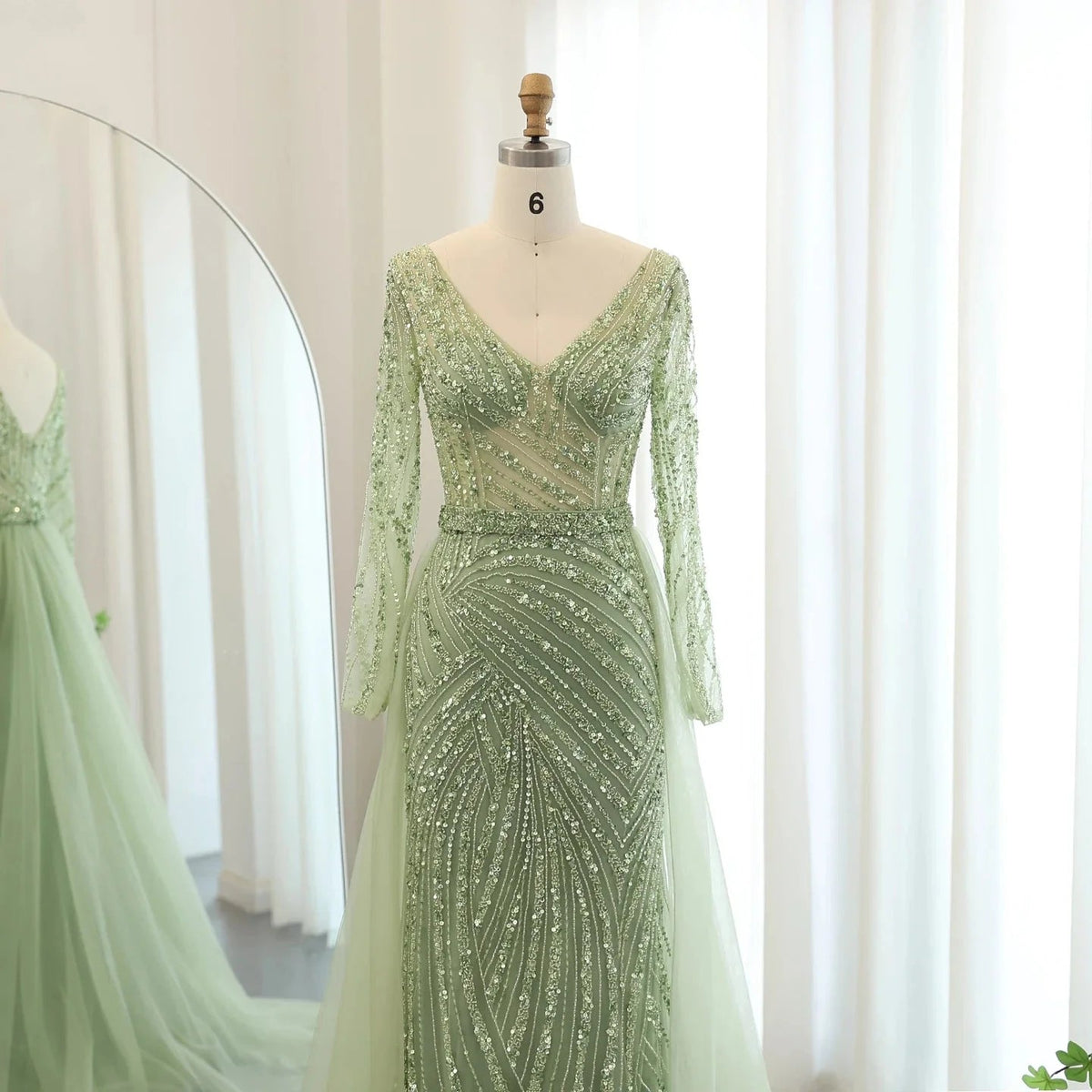 Luxury Dubai Blue Mermaid Muslim Evening Dresses with Detachable Skirt Sage Green Lilac Women Wedding Party SS432
