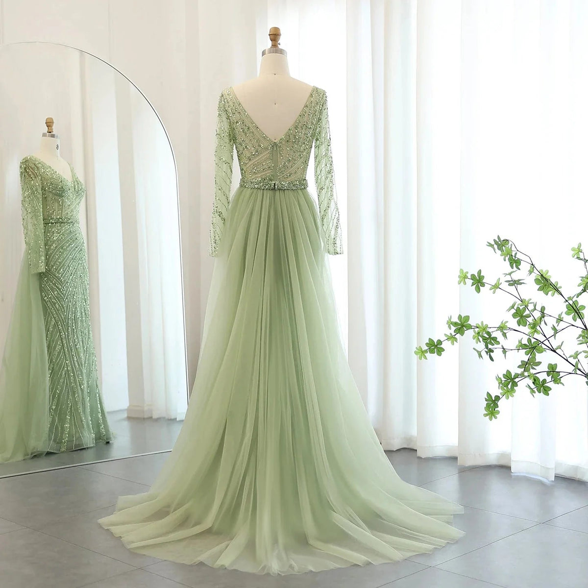 Luxury Dubai Blue Mermaid Muslim Evening Dresses with Detachable Skirt Sage Green Lilac Women Wedding Party SS432
