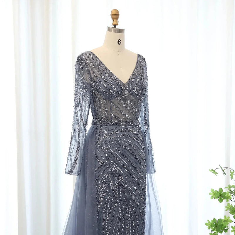 Luxury Dubai Blue Mermaid Muslim Evening Dresses with Detachable Skirt Sage Green Lilac Women Wedding Party SS432