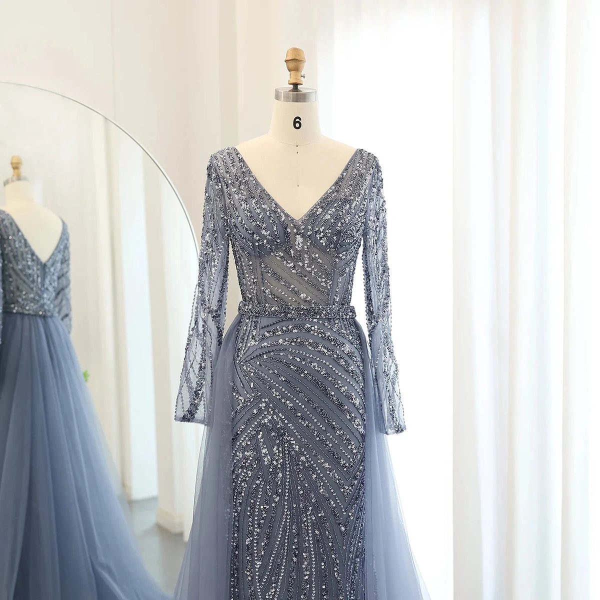 Luxury Dubai Blue Mermaid Muslim Evening Dresses with Detachable Skirt Sage Green Lilac Women Wedding Party SS432