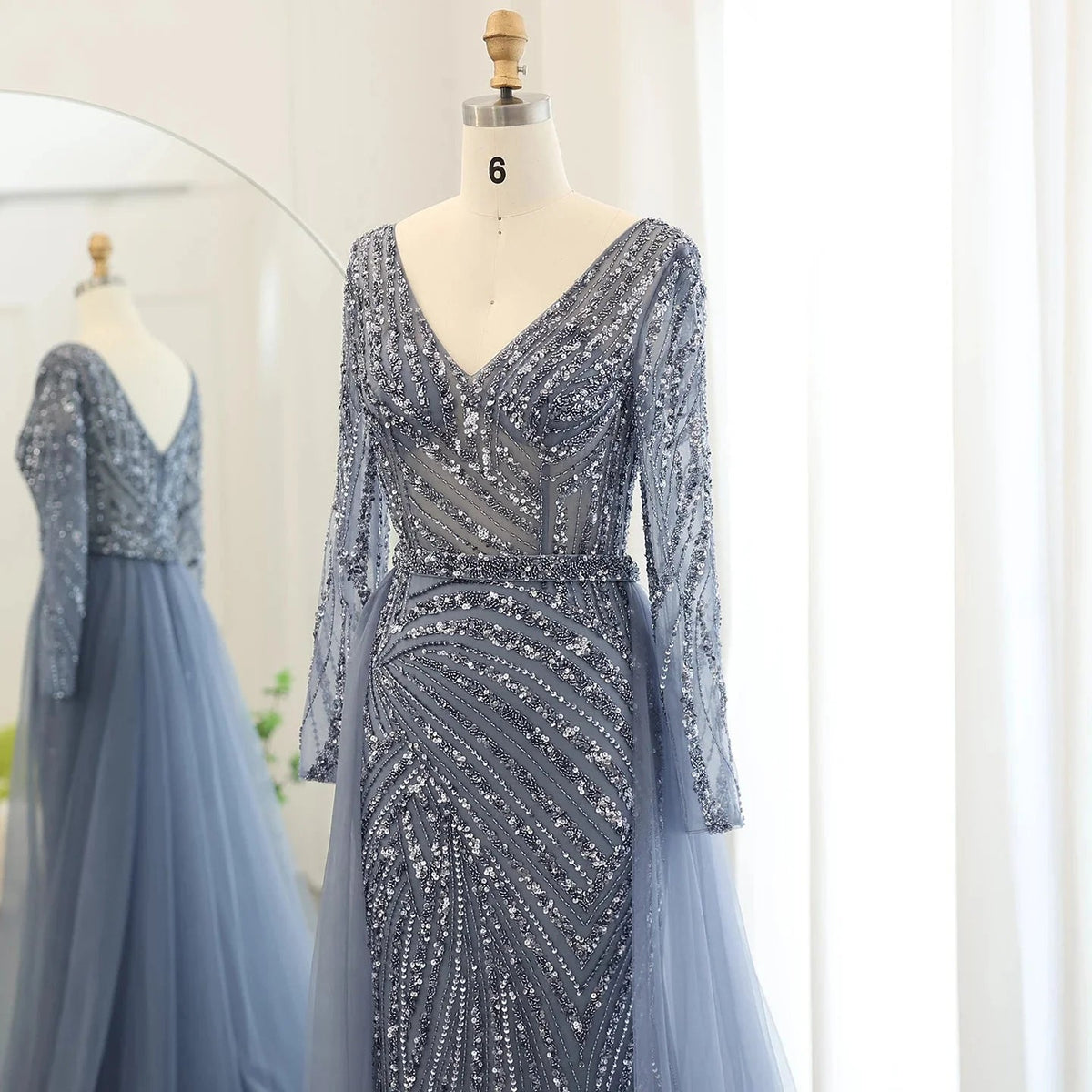 Luxury Dubai Blue Mermaid Muslim Evening Dresses with Detachable Skirt Sage Green Lilac Women Wedding Party SS432