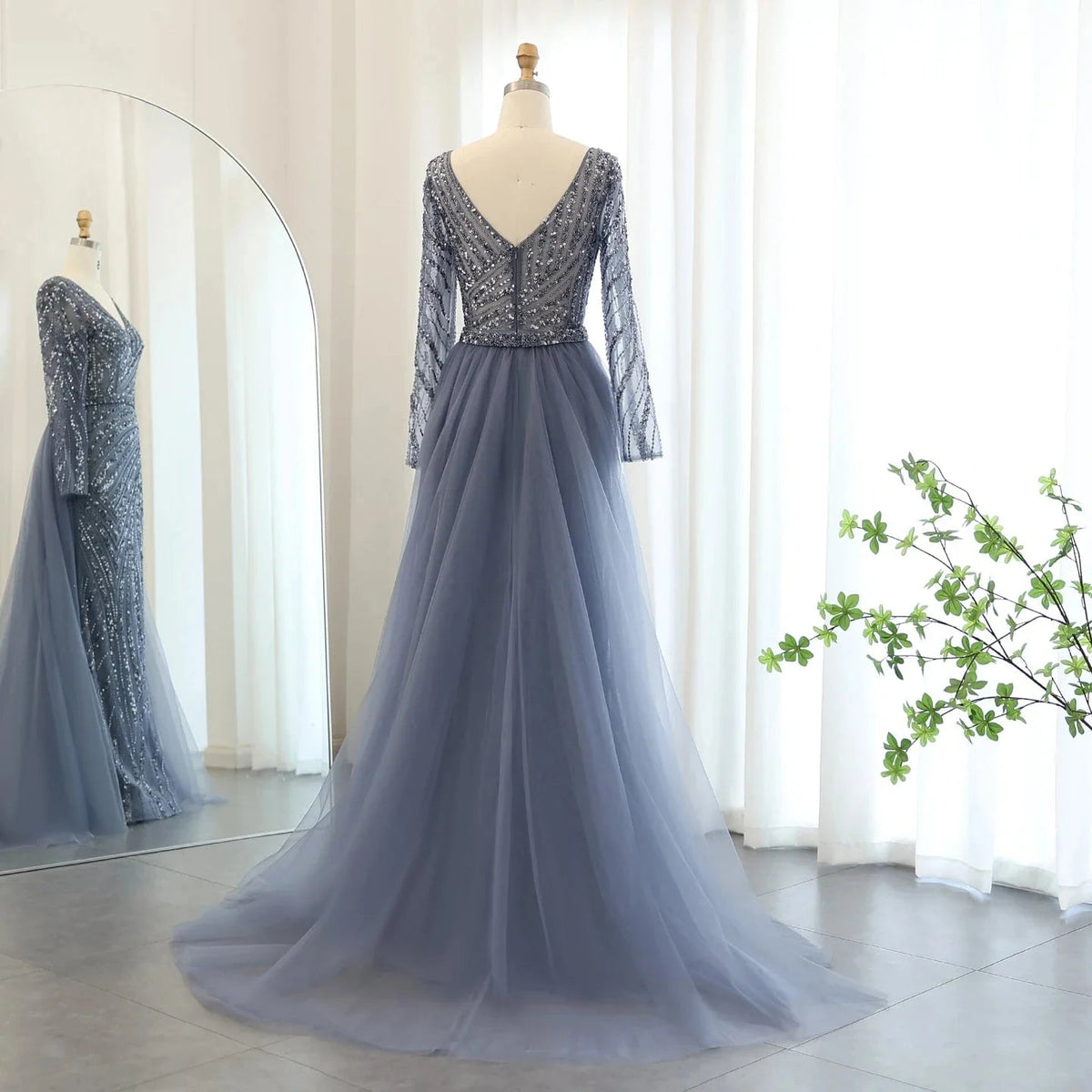 Luxury Dubai Blue Mermaid Muslim Evening Dresses with Detachable Skirt Sage Green Lilac Women Wedding Party SS432