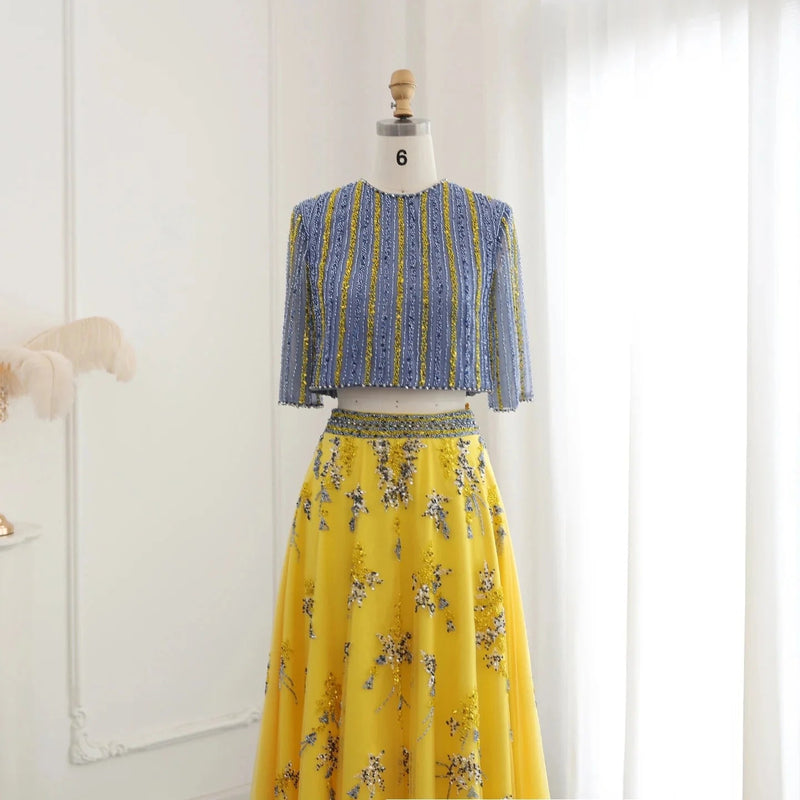Luxury Dubai Blue Yellow 2 Pieces Evening Dresses for Women Wedding Party Elegant Long Arabic Formal Prom Gown SS490