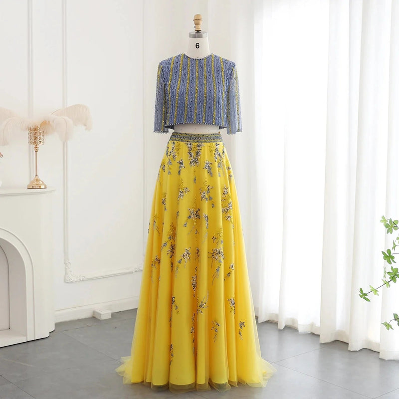 Luxury Dubai Blue Yellow 2 Pieces Evening Dresses for Women Wedding Party Elegant Long Arabic Formal Prom Gown SS490