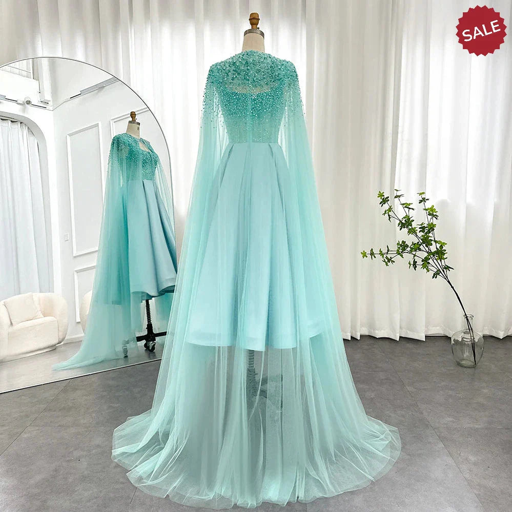 Luxury Dubai Blush Pink Arabic Evening Dress with Cape Ankle Length Short Midi Women Wedding Party Dress SS392