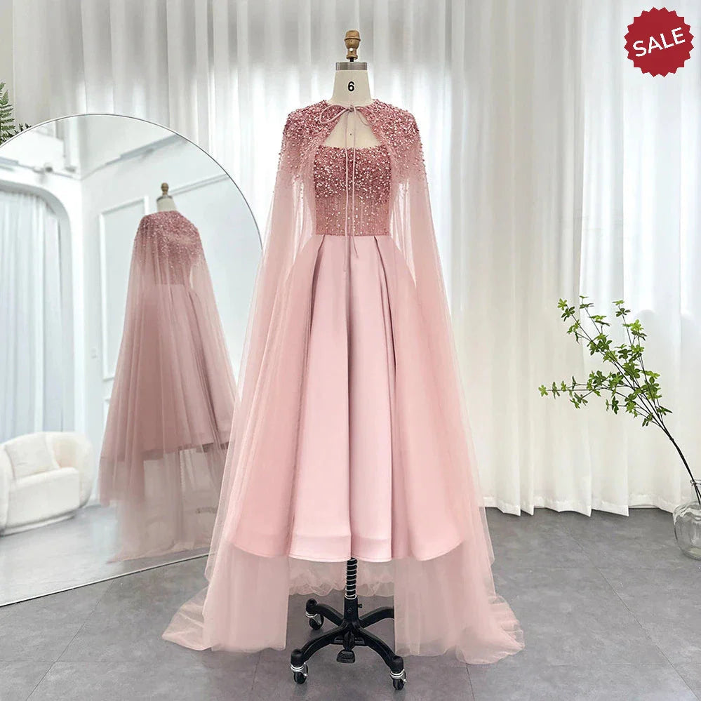 Luxury Dubai Blush Pink Arabic Evening Dress with Cape Ankle Length Short Midi Women Wedding Party Dress SS392