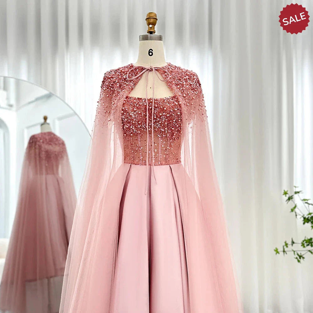 Luxury Dubai Blush Pink Arabic Evening Dress with Cape Ankle Length Short Midi Women Wedding Party Dress SS392