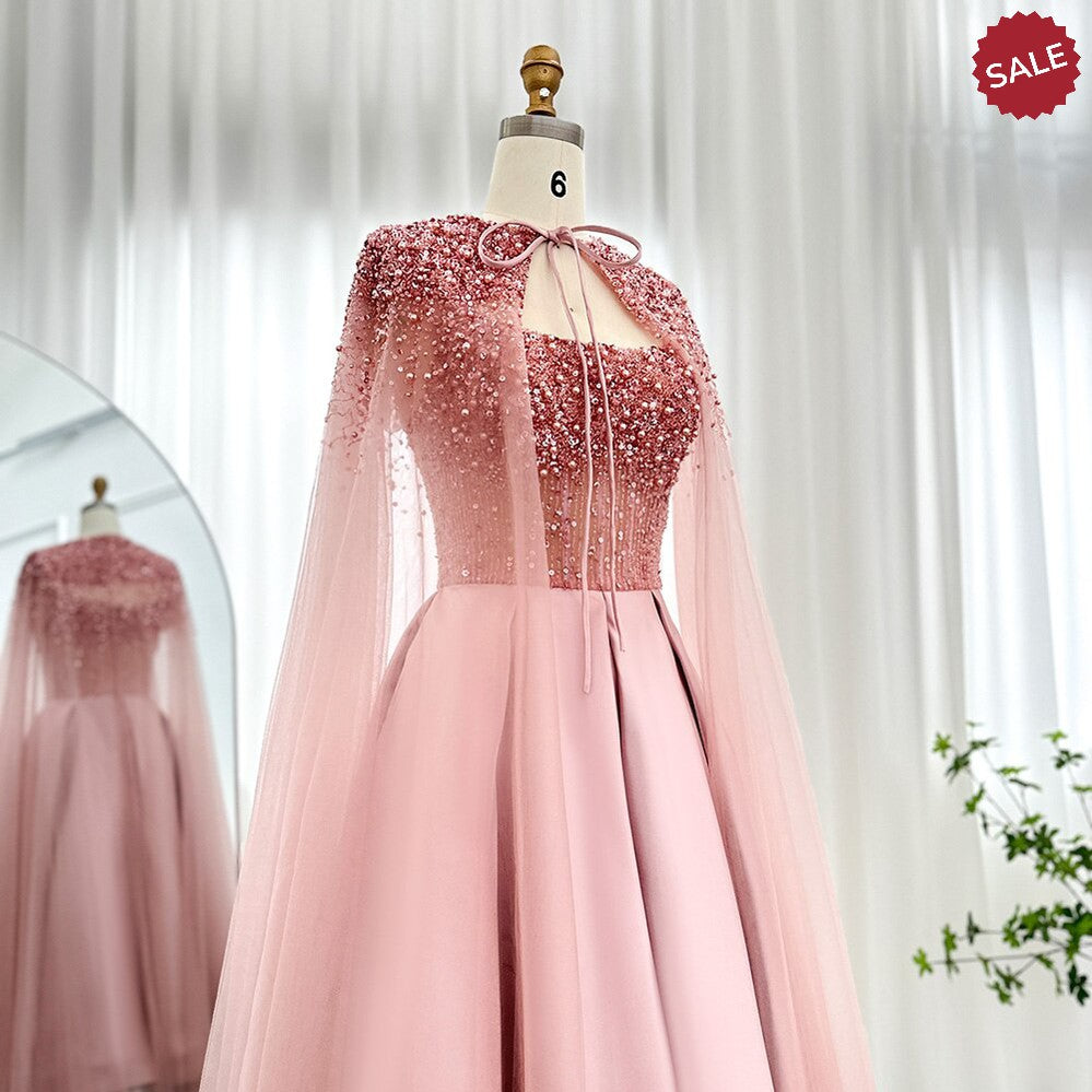 Luxury Dubai Blush Pink Arabic Evening Dress with Cape Ankle Length Short Midi Women Wedding Party Dress SS392