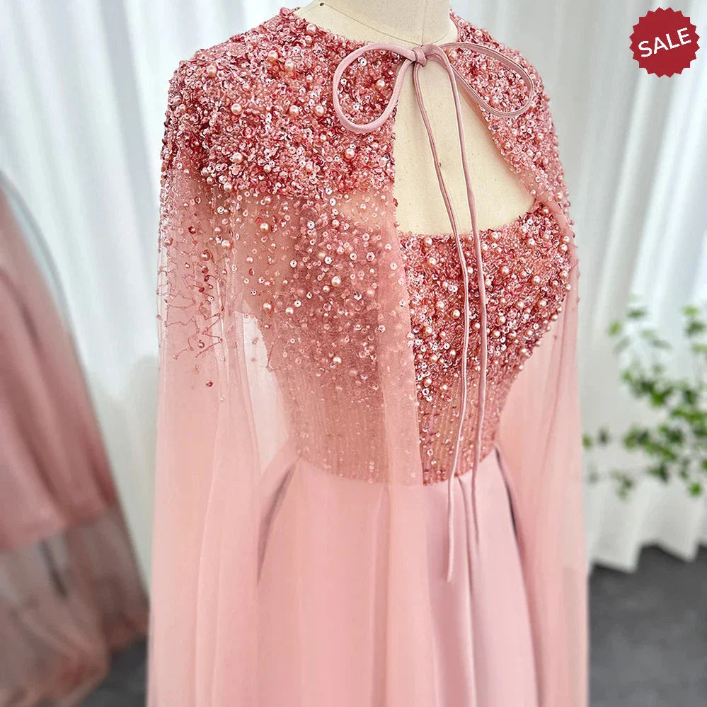 Luxury Dubai Blush Pink Arabic Evening Dress with Cape Ankle Length Short Midi Women Wedding Party Dress SS392