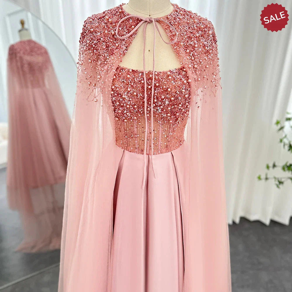 Luxury Dubai Blush Pink Arabic Evening Dress with Cape Ankle Length Short Midi Women Wedding Party Dress SS392