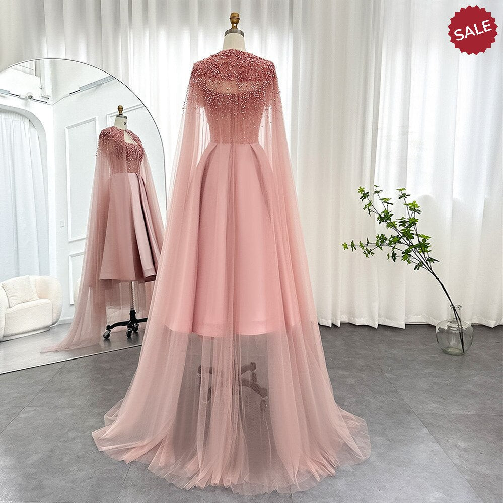 Luxury Dubai Blush Pink Arabic Evening Dress with Cape Ankle Length Short Midi Women Wedding Party Dress SS392