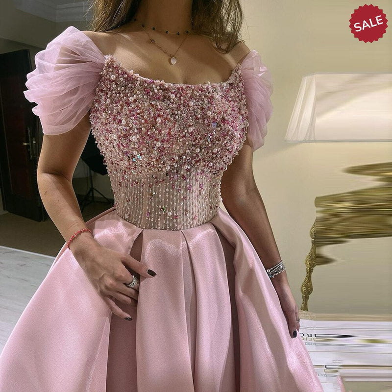 Luxury Dubai Blush Pink Arabic Evening Dress with Cape Ankle Length Short Midi Women Wedding Party Dress SS392