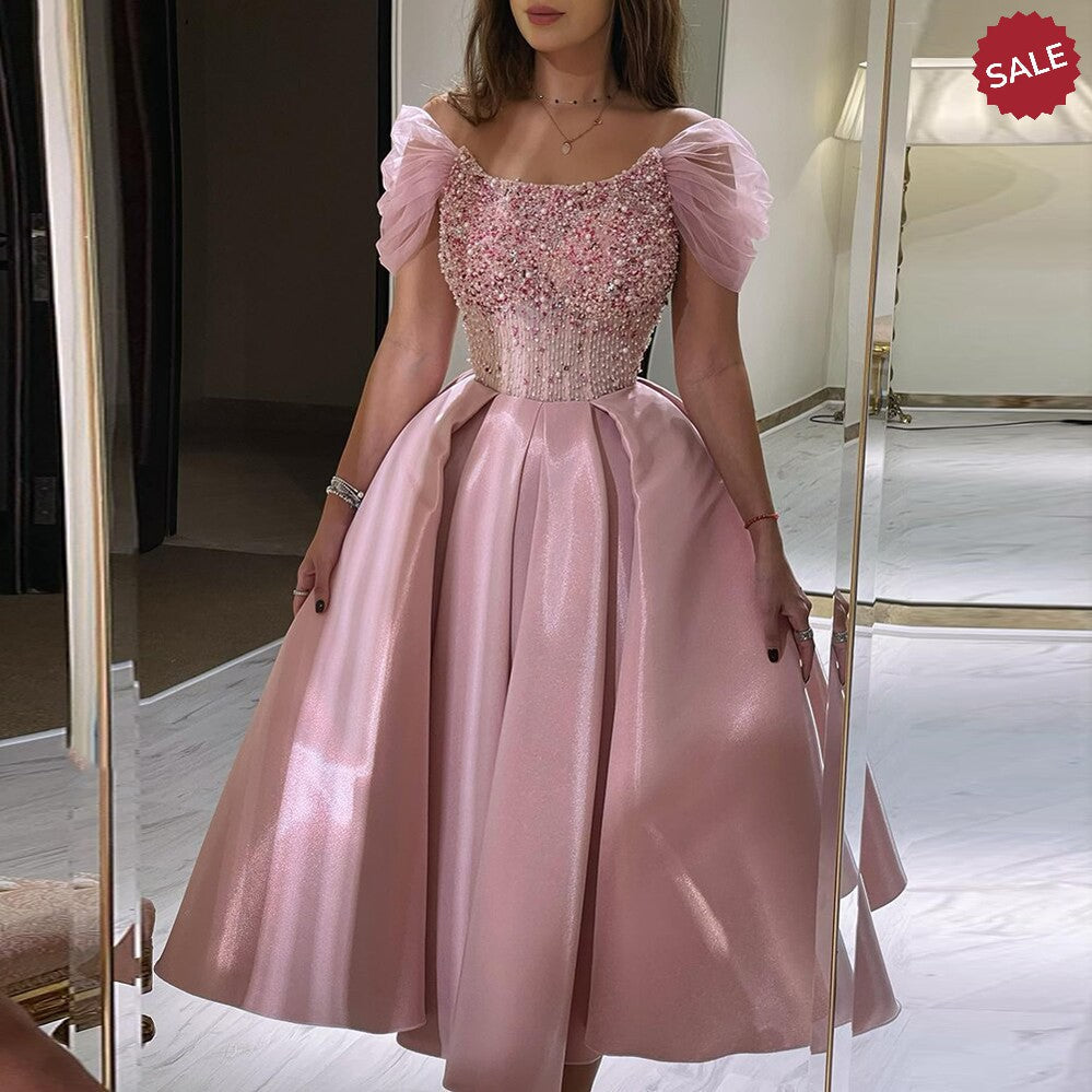 Luxury Dubai Blush Pink Arabic Evening Dress with Cape Ankle Length Short Midi Women Wedding Party Dress SS392