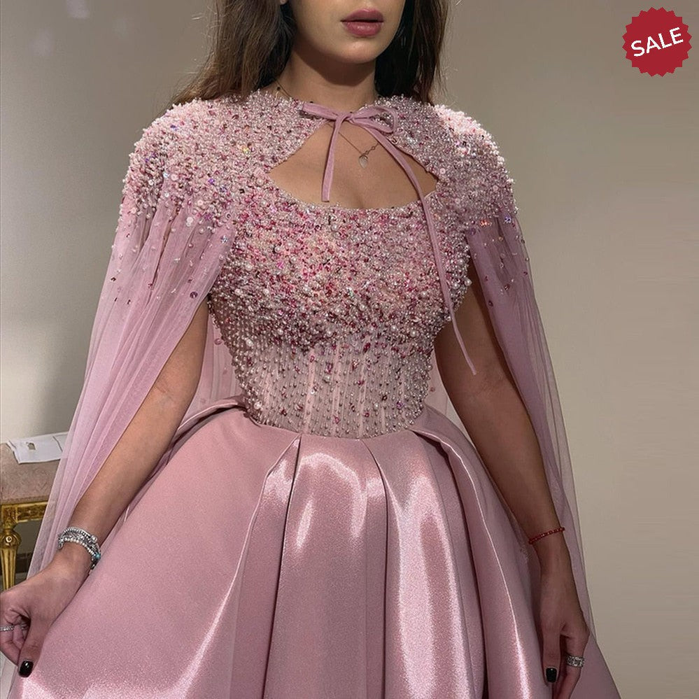 Luxury Dubai Blush Pink Arabic Evening Dress with Cape Ankle Length Short Midi Women Wedding Party Dress SS392