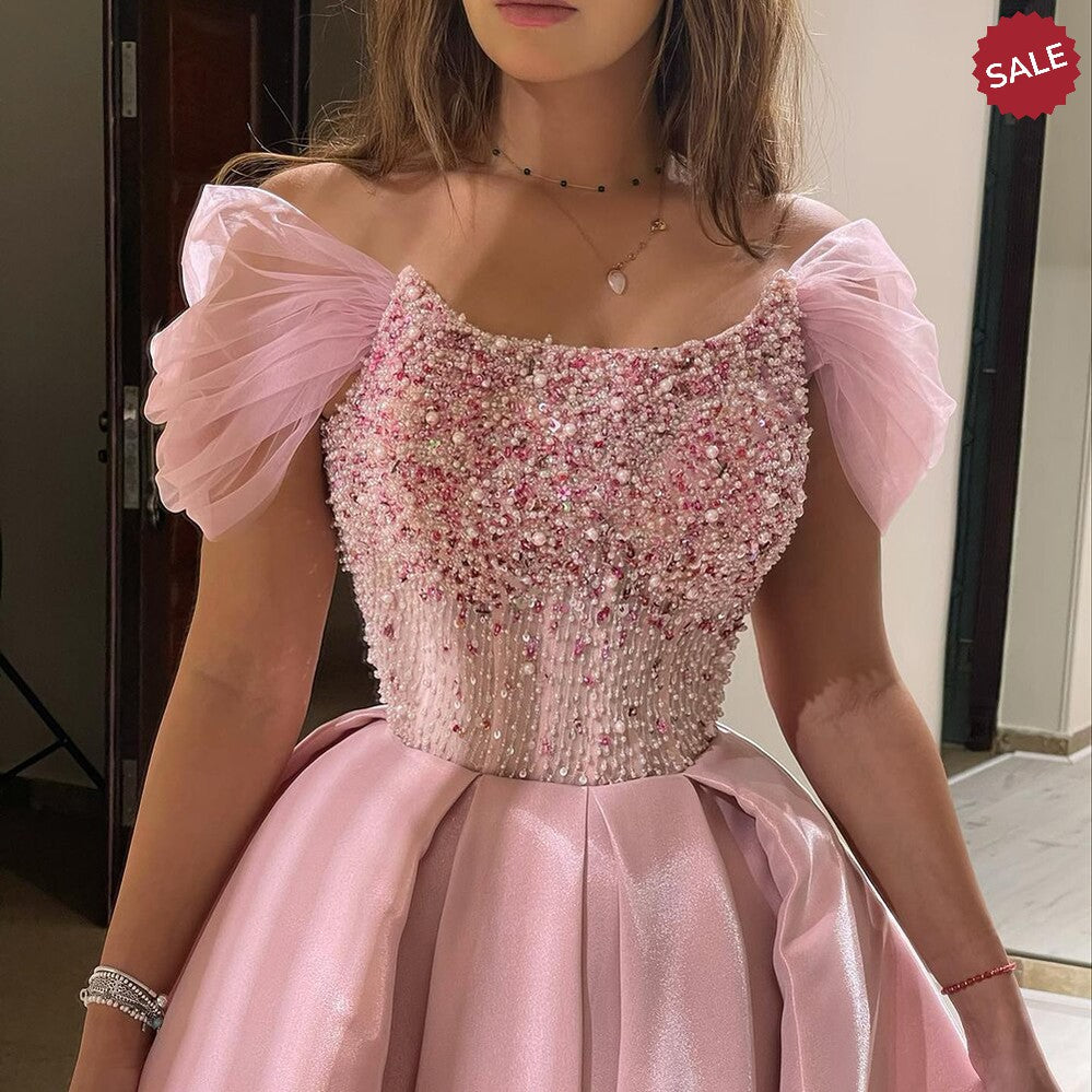 Luxury Dubai Blush Pink Arabic Evening Dress with Cape Ankle Length Short Midi Women Wedding Party Dress SS392