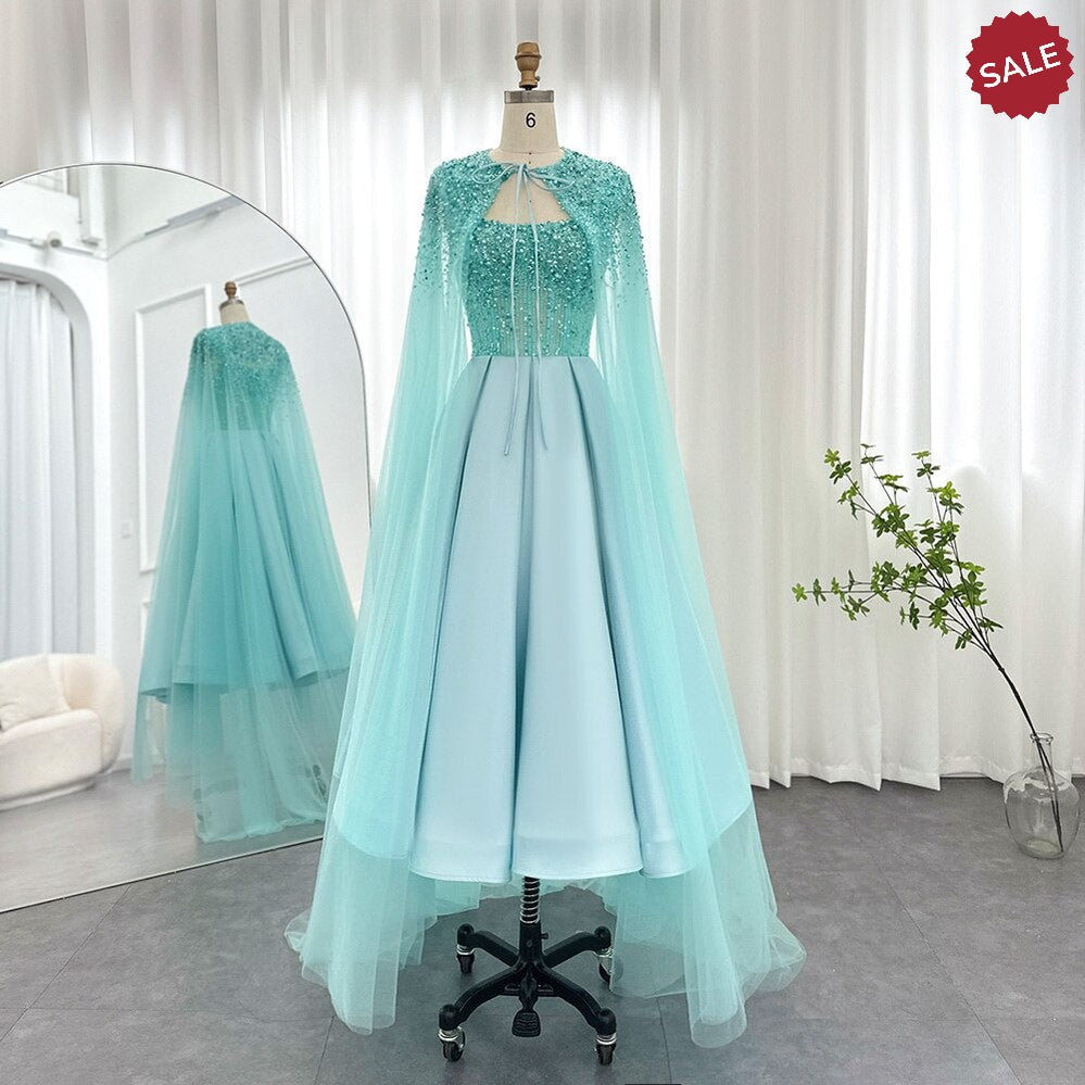 Luxury Dubai Blush Pink Arabic Evening Dress with Cape Ankle Length Short Midi Women Wedding Party Dress SS392