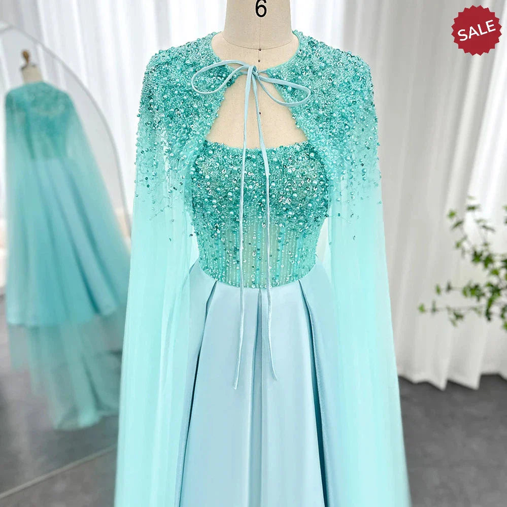 Luxury Dubai Blush Pink Arabic Evening Dress with Cape Ankle Length Short Midi Women Wedding Party Dress SS392