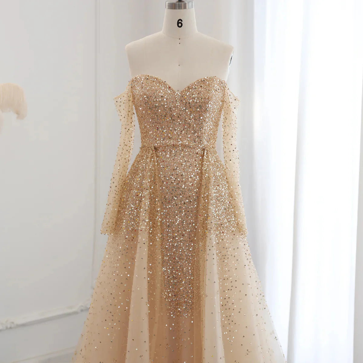 Luxury Dubai Champagne Gold Mermaid Evening Dress with Detachable Overskirt Off Shoulder Arabic Wedding Party SS410