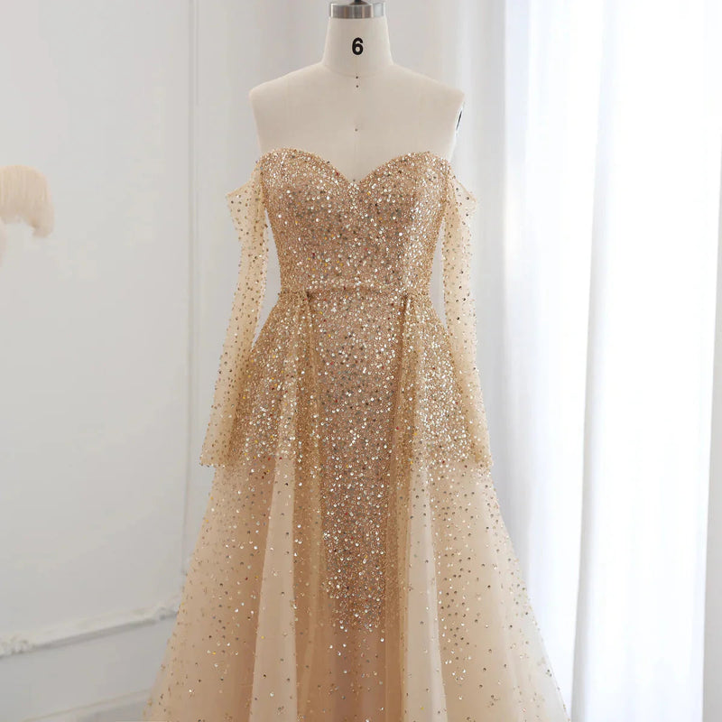 Luxury Dubai Champagne Gold Mermaid Evening Dress with Detachable Overskirt Off Shoulder Arabic Wedding Party SS410