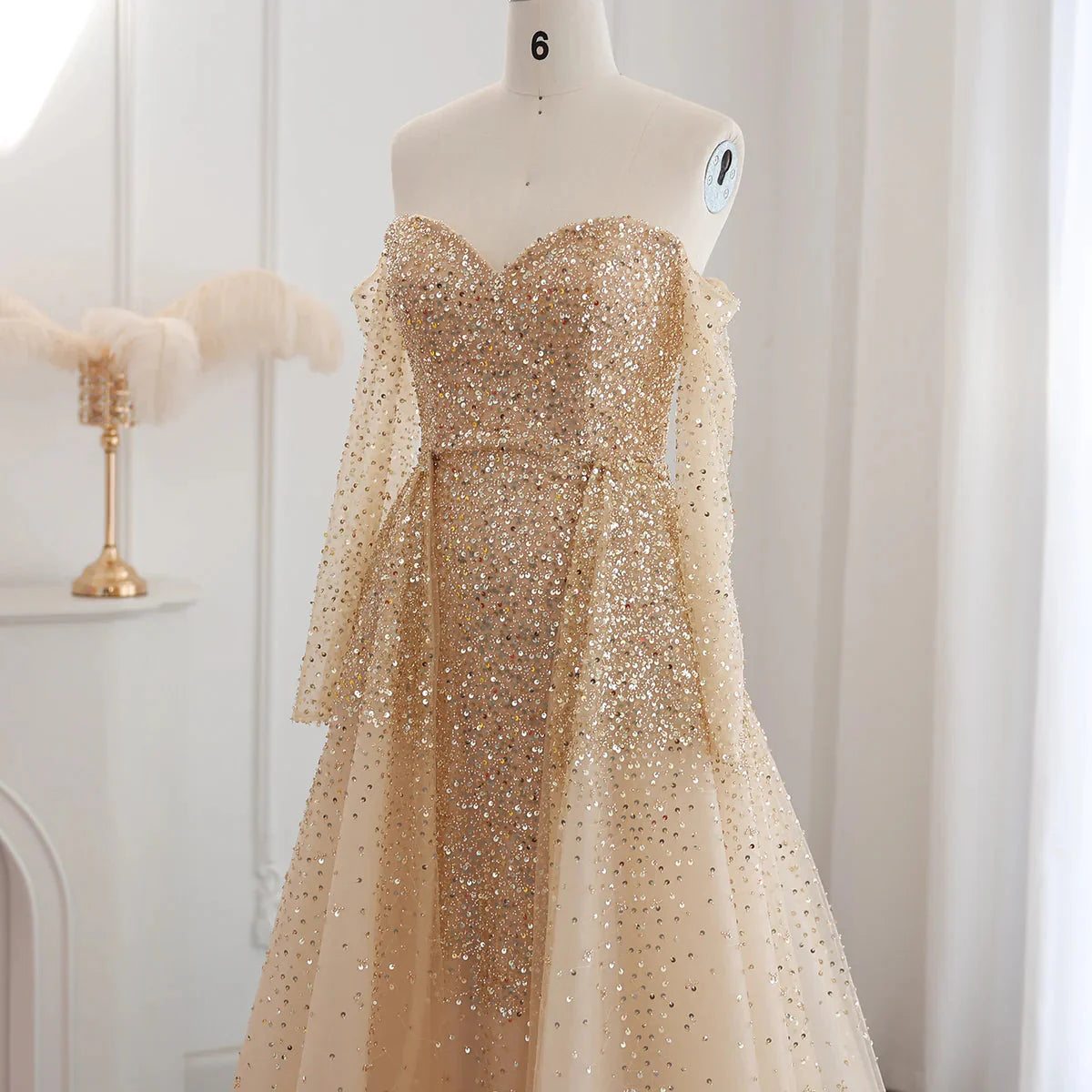 Luxury Dubai Champagne Gold Mermaid Evening Dress with Detachable Overskirt Off Shoulder Arabic Wedding Party SS410