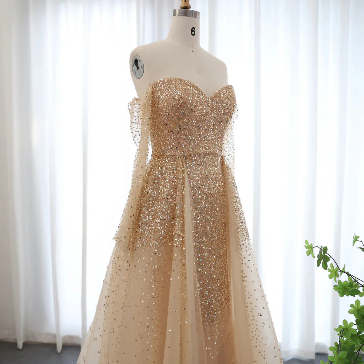 Luxury Dubai Champagne Gold Mermaid Evening Dress with Detachable Overskirt Off Shoulder Arabic Wedding Party SS410