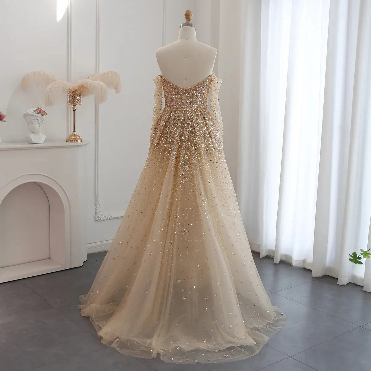 Luxury Dubai Champagne Gold Mermaid Evening Dress with Detachable Overskirt Off Shoulder Arabic Wedding Party SS410