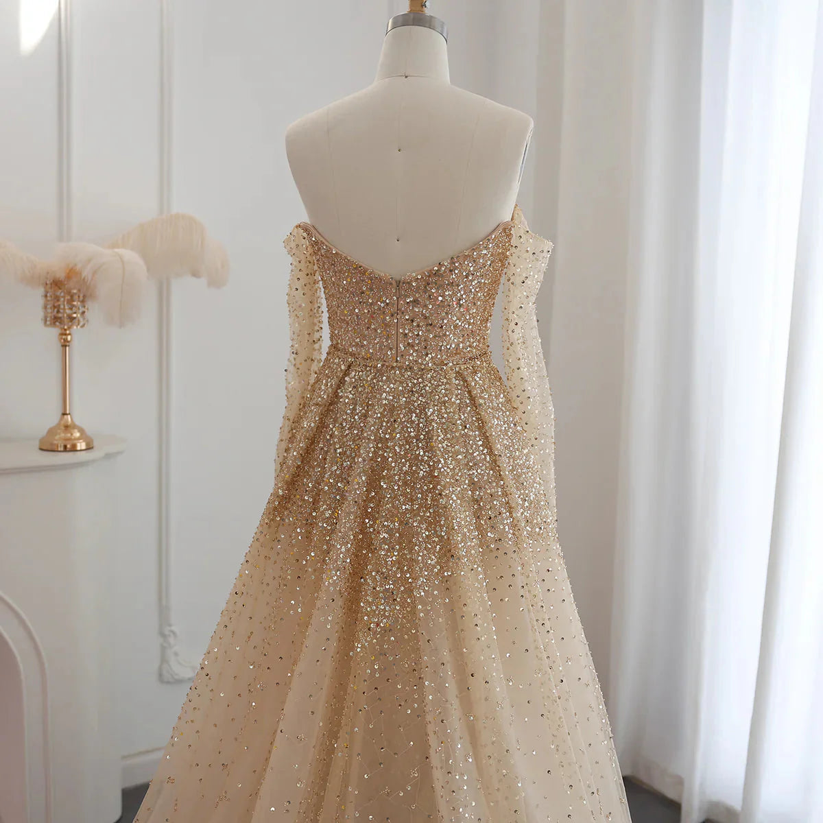 Luxury Dubai Champagne Gold Mermaid Evening Dress with Detachable Overskirt Off Shoulder Arabic Wedding Party SS410