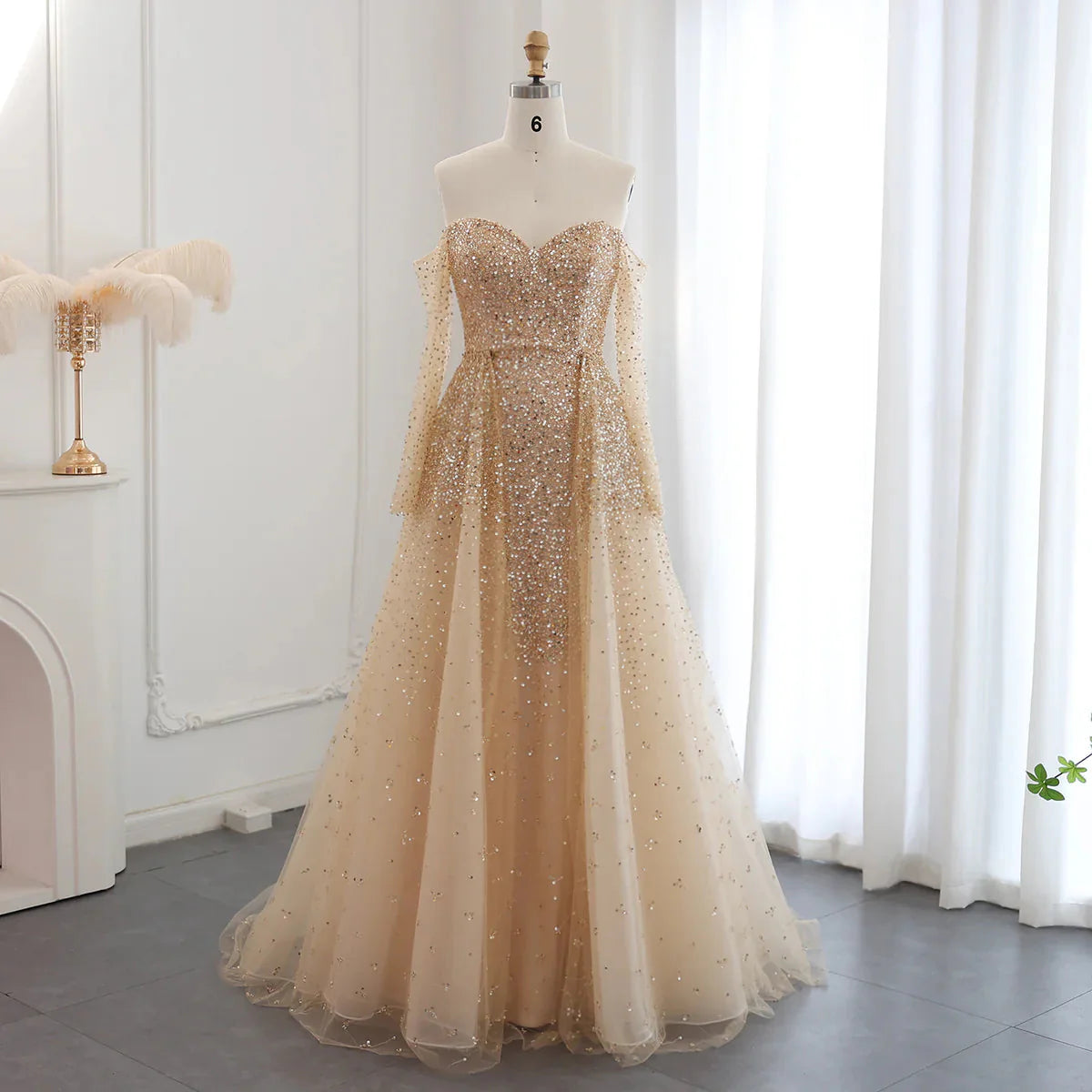 Luxury Dubai Champagne Gold Mermaid Evening Dress with Detachable Overskirt Off Shoulder Arabic Wedding Party SS410