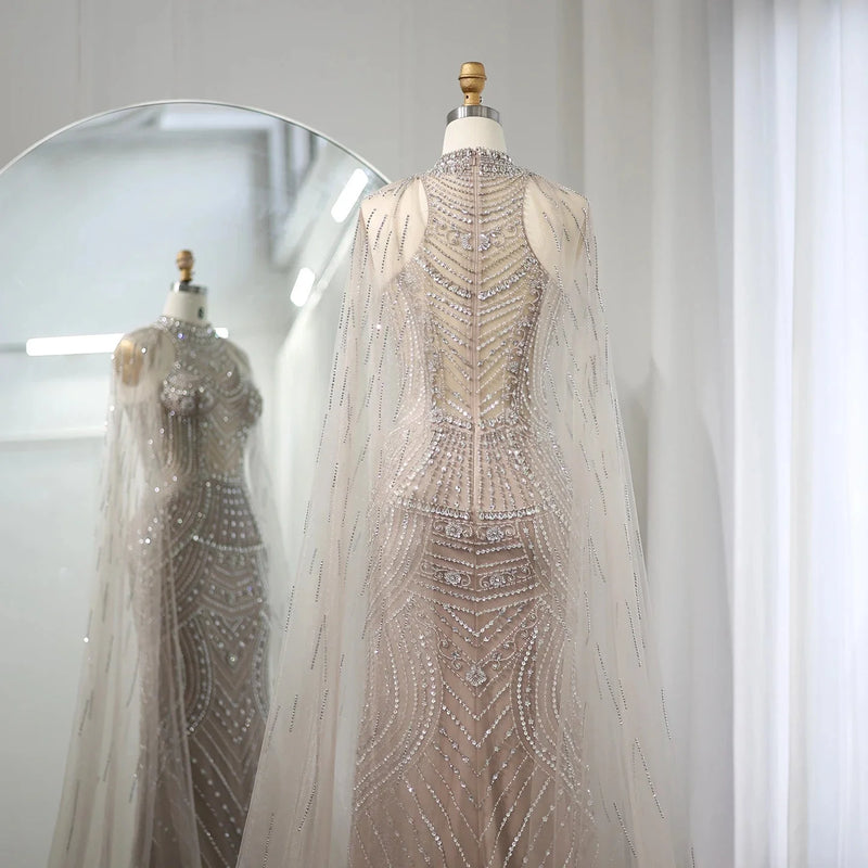 Luxury Dubai Champagne Mermaid Evening Dresses with Cape Sleeves Elegant High Neck Wedding Formal Party Gowns SS230