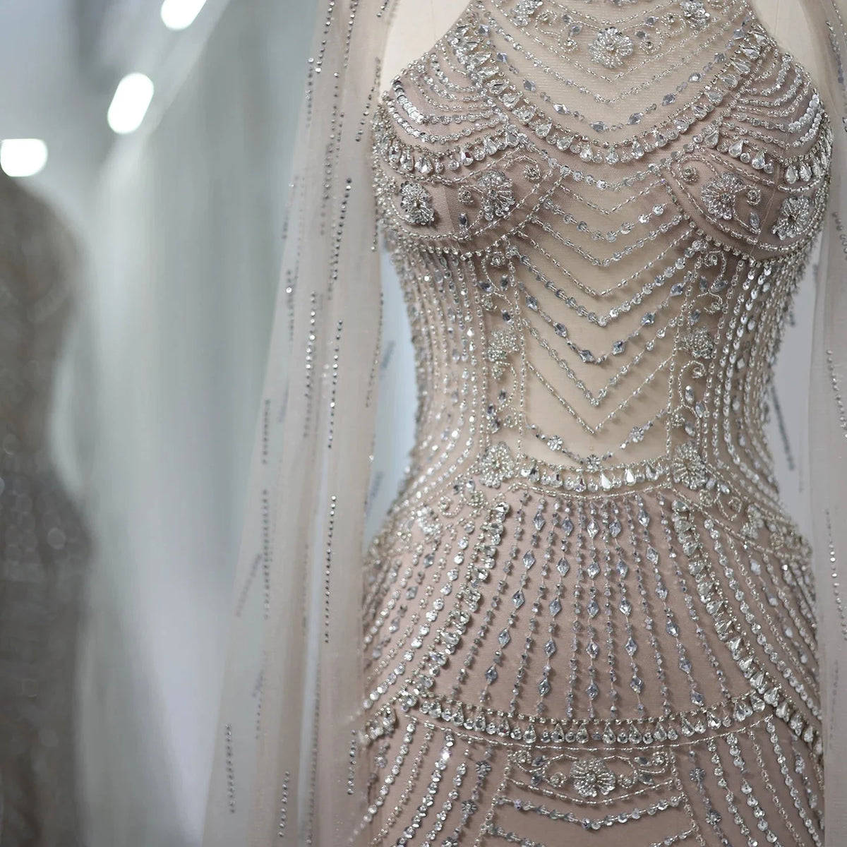 Luxury Dubai Champagne Mermaid Evening Dresses with Cape Sleeves Elegant High Neck Wedding Formal Party Gowns SS230