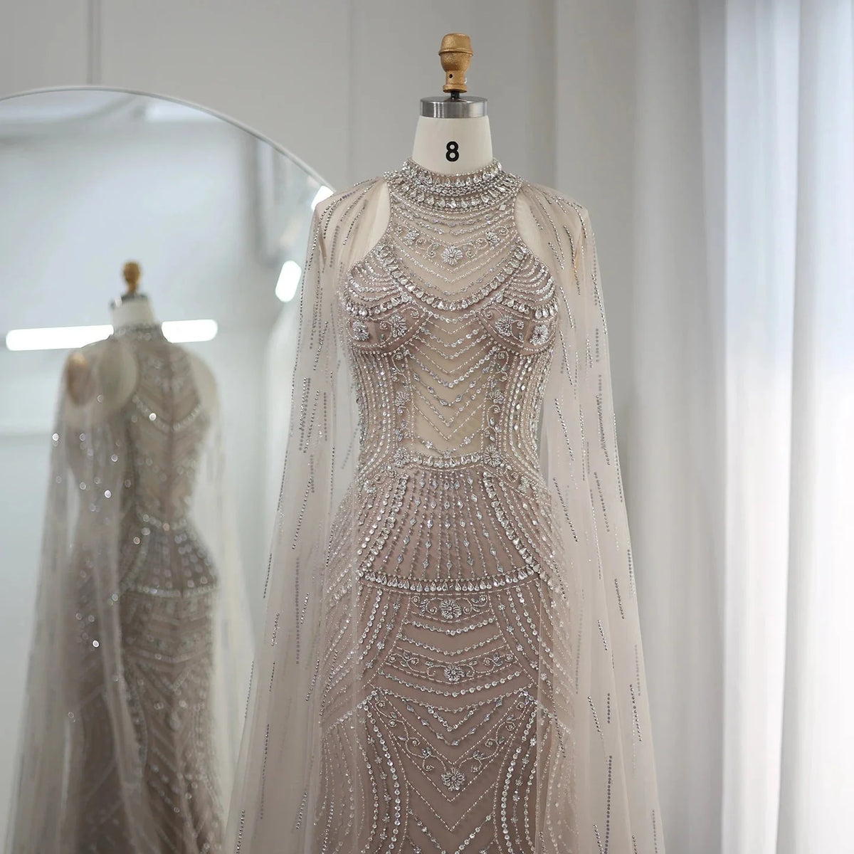 Luxury Dubai Champagne Mermaid Evening Dresses with Cape Sleeves Elegant High Neck Wedding Formal Party Gowns SS230
