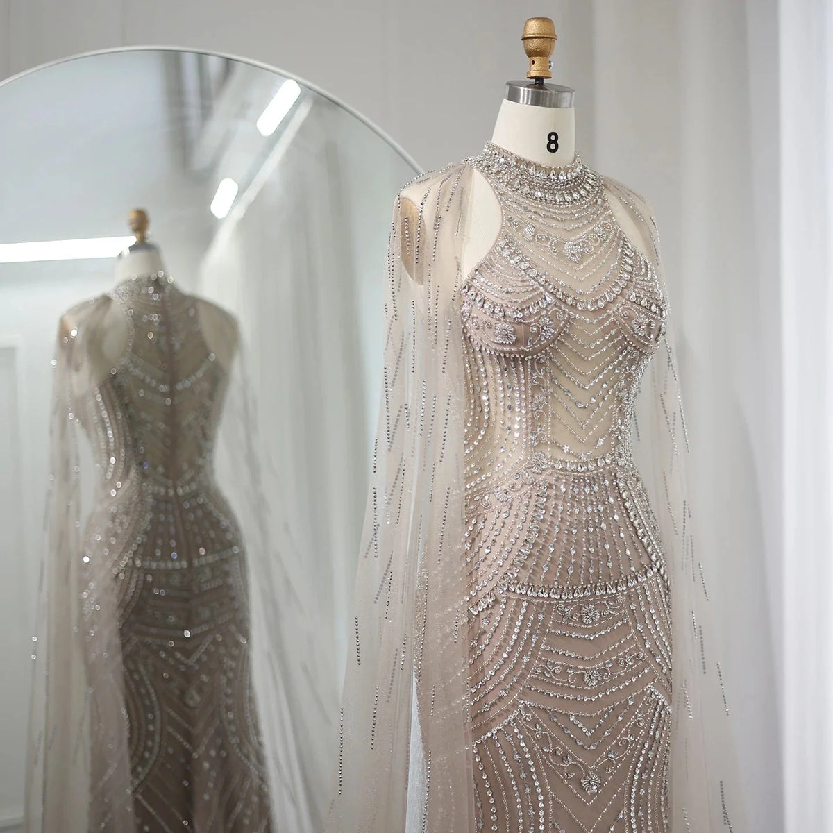 Luxury Dubai Champagne Mermaid Evening Dresses with Cape Sleeves Elegant High Neck Wedding Formal Party Gowns SS230