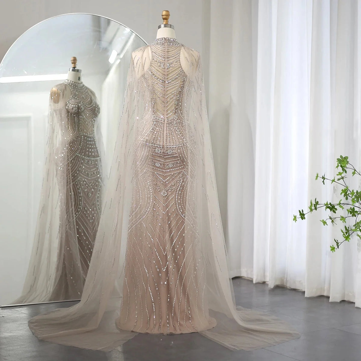 Luxury Dubai Champagne Mermaid Evening Dresses with Cape Sleeves Elegant High Neck Wedding Formal Party Gowns SS230