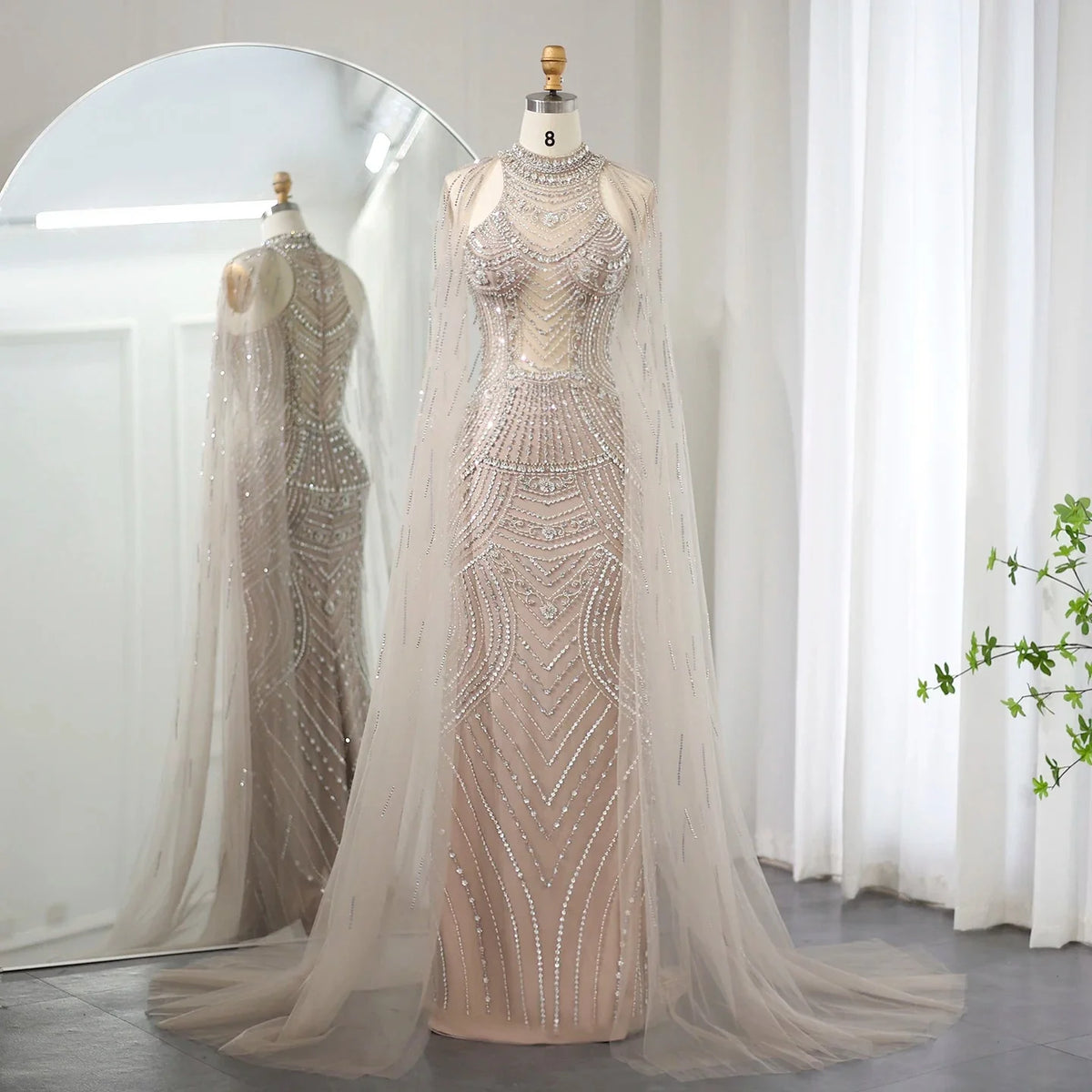 Luxury Dubai Champagne Mermaid Evening Dresses with Cape Sleeves Elegant High Neck Wedding Formal Party Gowns SS230