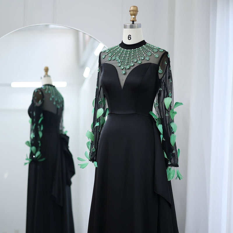 Luxury Dubai Emerald Green Feathers Black Evening Dress Long Sleeves Saudi Arabia Women Formal Party Gowns SS457