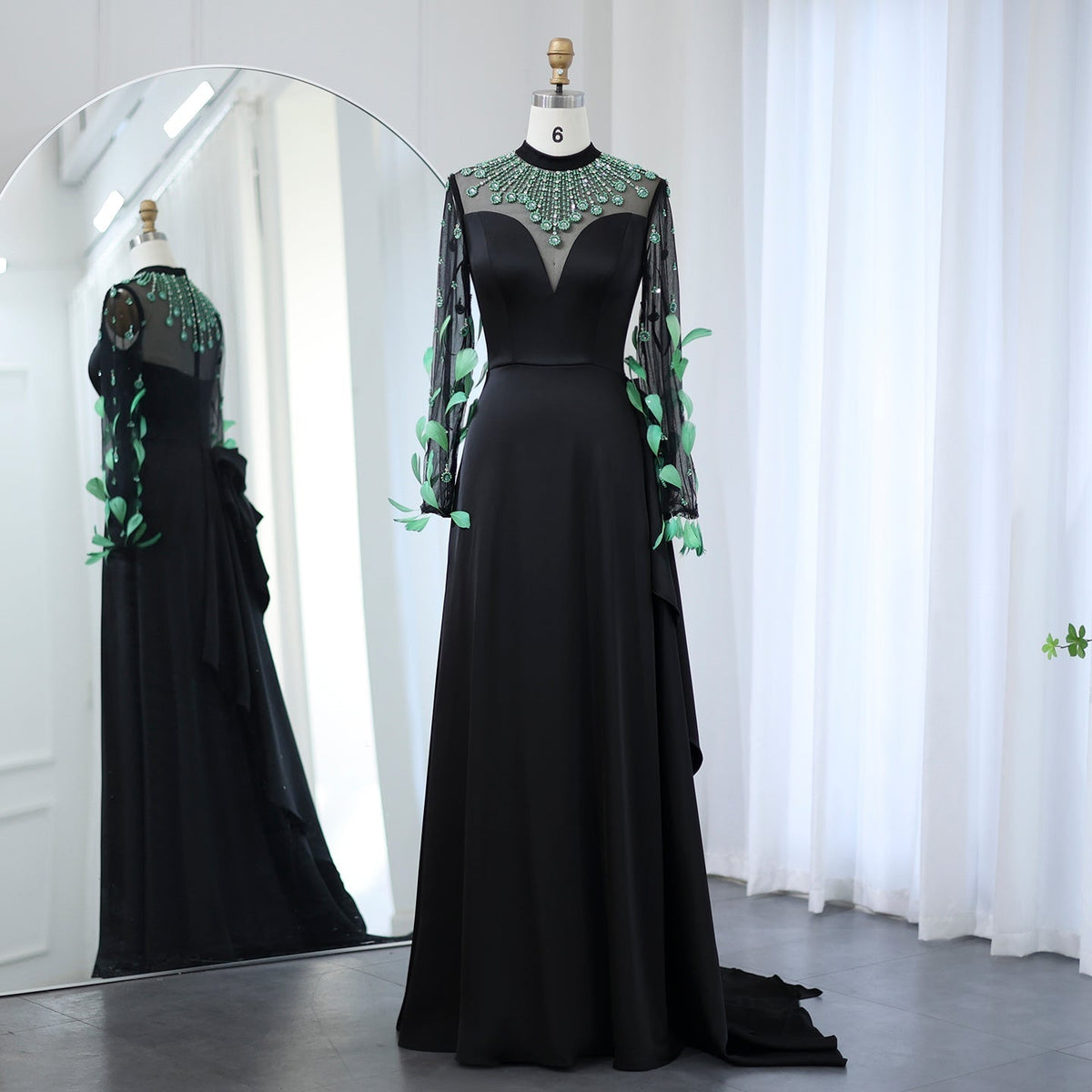 Luxury Dubai Emerald Green Feathers Black Evening Dress Long Sleeves Saudi Arabia Women Formal Party Gowns SS457