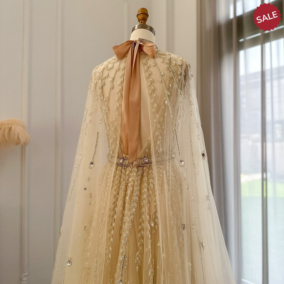 Luxury Dubai Evening Dress with Cape Sleeve 2023 Elegant Long Arabic Formal Dresses for Women Wedding Party SS495